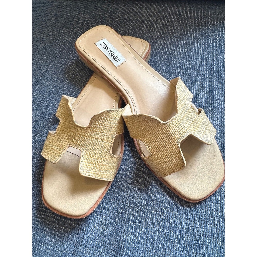 Steve Madden Hadyn Raffia Slide Sandals Tan Woven H-Strap Flat Shoes Womens‎ 10